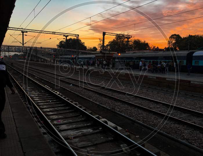 Beautiful sunset at railway station