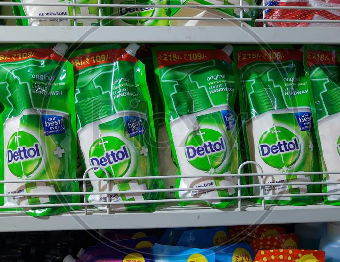 Delhi, India - October 05, 2020 : Dettol Original Liquid Hand Wash Refill Hand Wash Pouch Hand Hygiene Corona Virus Protection In Supermarket Closeup View.