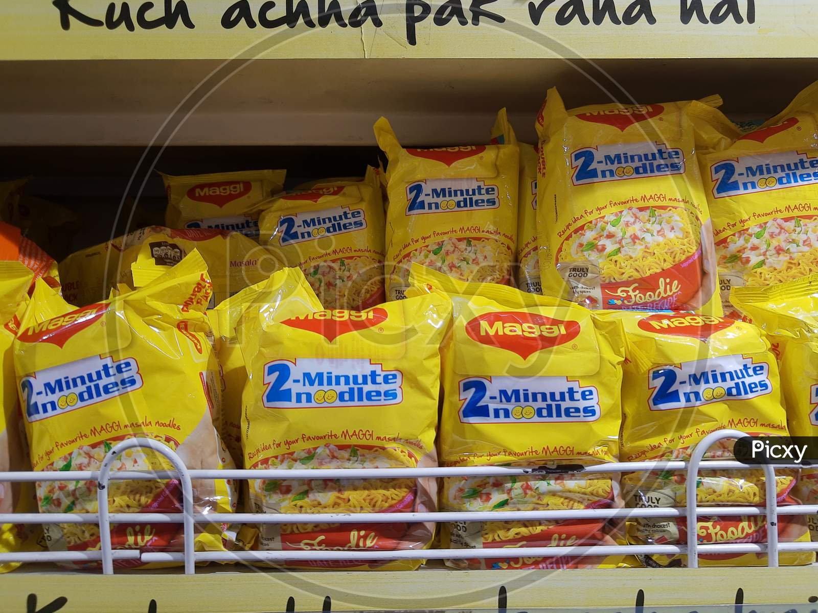 Delhi, India - October 05, 2020 : Various Flavor Of Meggi Display In Supermarket Shelf