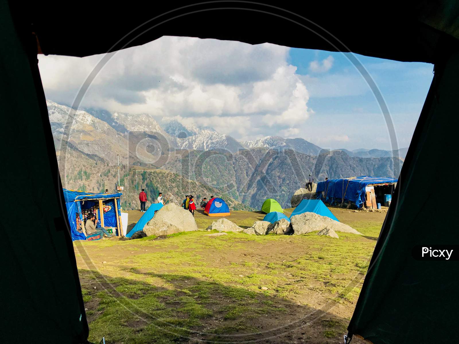 Tent view from hill top - Triund Top, Mcleodganj, Himachal Pradesh.
