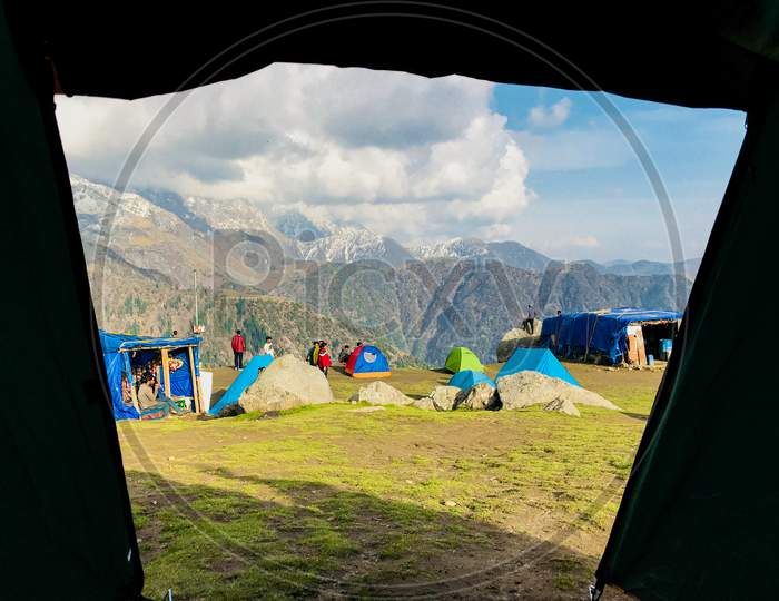 Tent view from hill top - Triund Top, Mcleodganj, Himachal Pradesh.