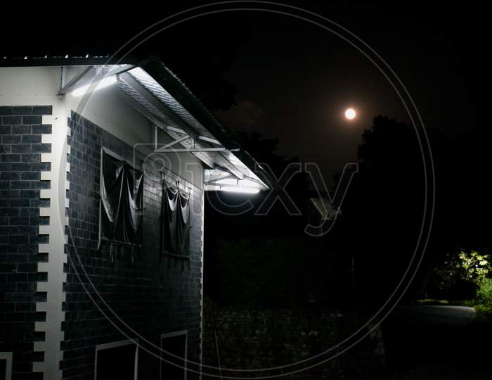 Beautiful Picture Of House And Moon In Background, Selective Focus, Selective Focus On Subject, Background Blur