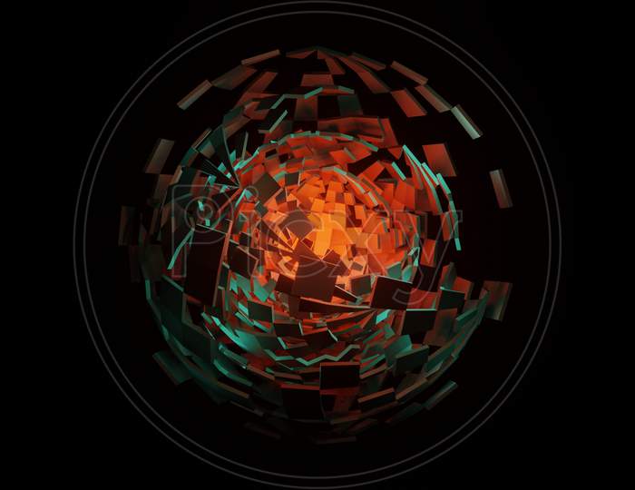Illustration Graphic Of A Colorful 3D Sci-Fi Object With Glowing Energy At Center.