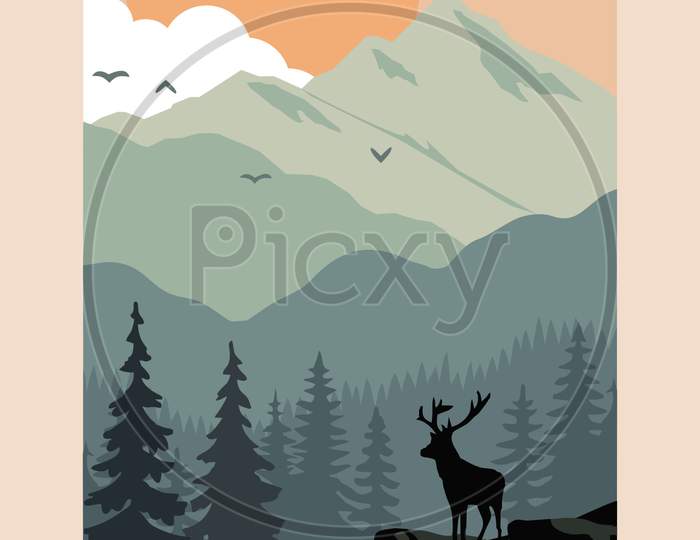Mountain with reindeer and lots of trees