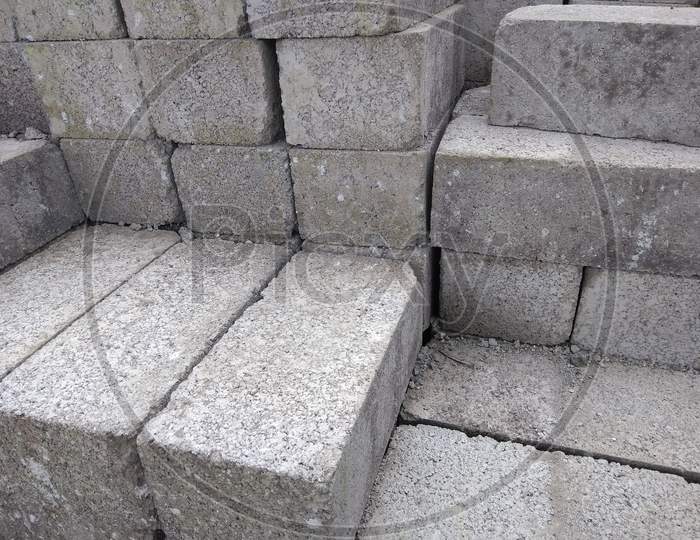 Cement Concrete Blocks For Constructions Work Close Up.