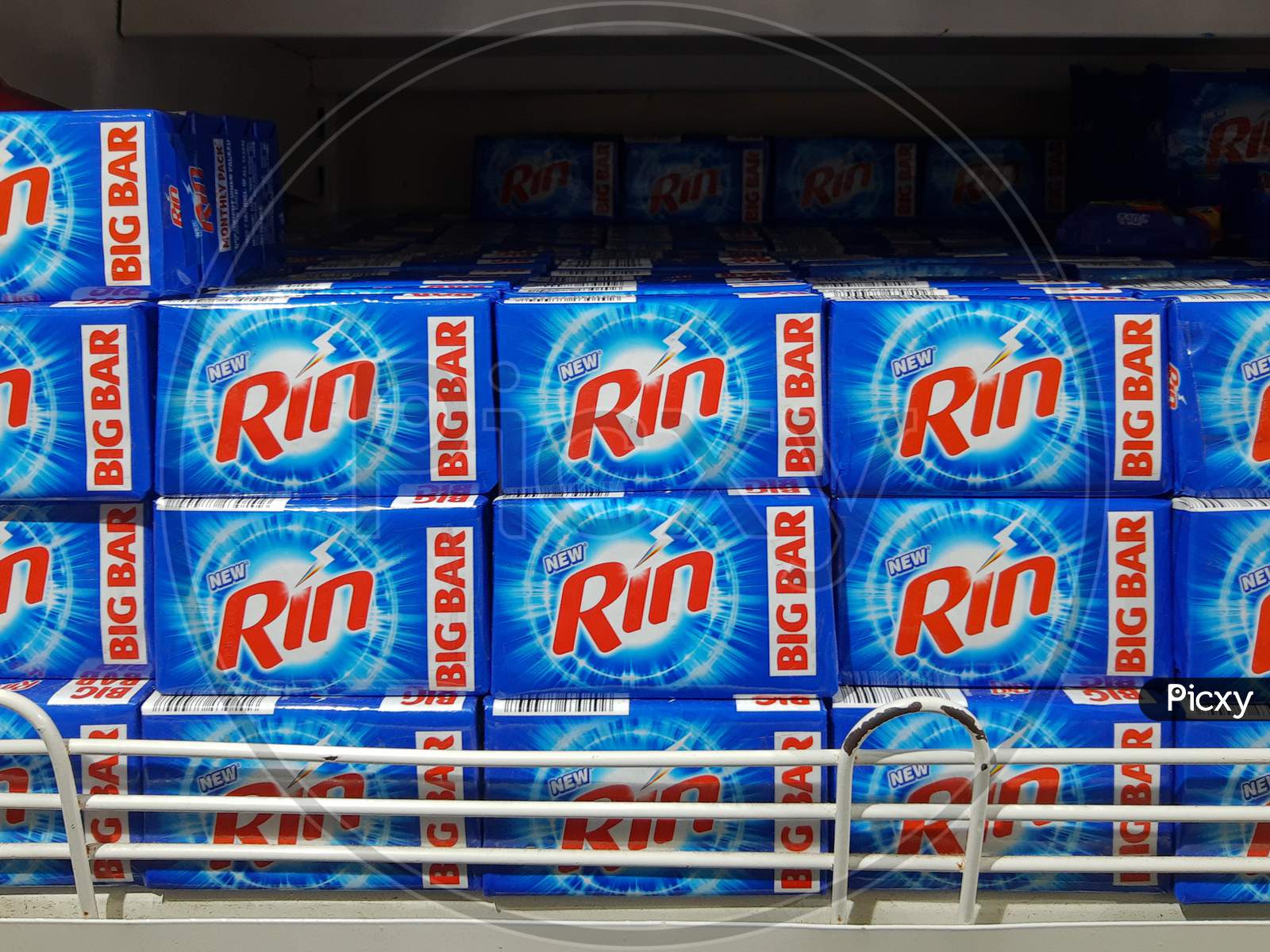 Delhi, India - October 05, 2020 : Collection Of Rin Detergent Bar - 250 G In Supermarket Display Rack. Closeup Side View.Rin Detergent Bar - 250 G