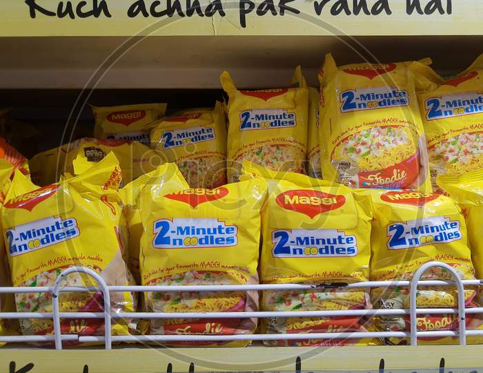Delhi, India - October 05, 2020 : Various Flavor Of Meggi Display In Supermarket Shelf