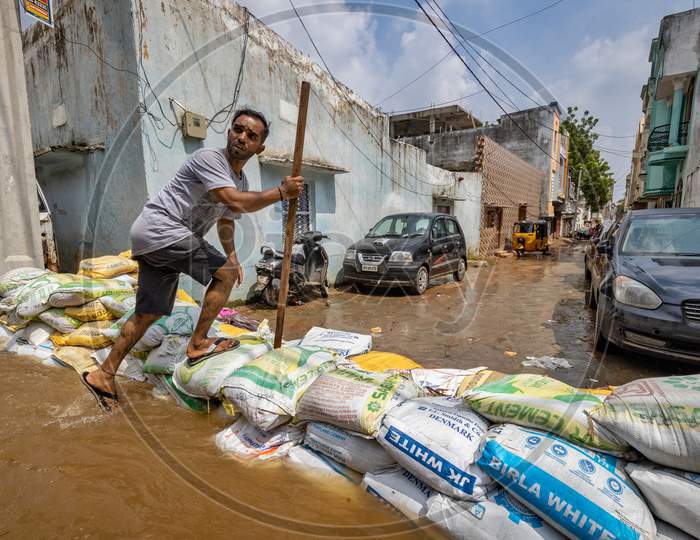 Flood water occupied streets in the Hafiz Baba Nagar due to Hyderabad floods