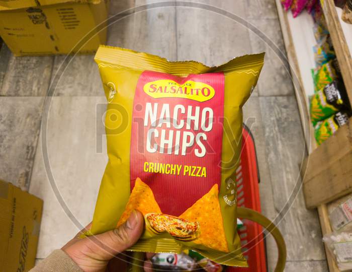 Delhi, India - October 05, 2020 : Salsalito Nacho Chips - Crunchy Pizza