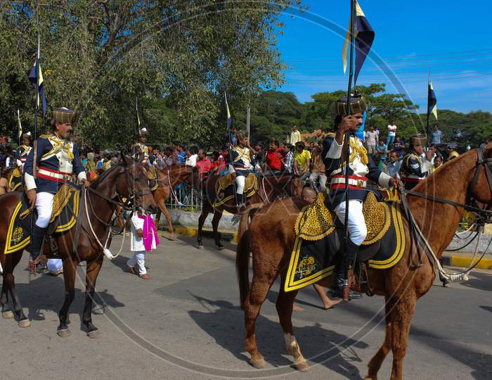 Royal Horsemen on a Parade with their Horses  during a Religious ritual at Mysuru Cityscape of Karnataka/India.