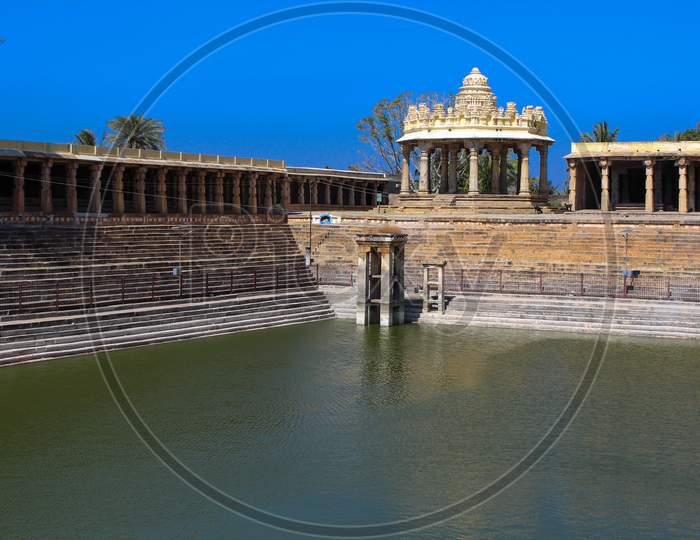 A Divine view of a Ancient Water Pond Known as Kalyani built in 1550s C.E. at Melukote religious town near Mysuru in Karnataka/India.