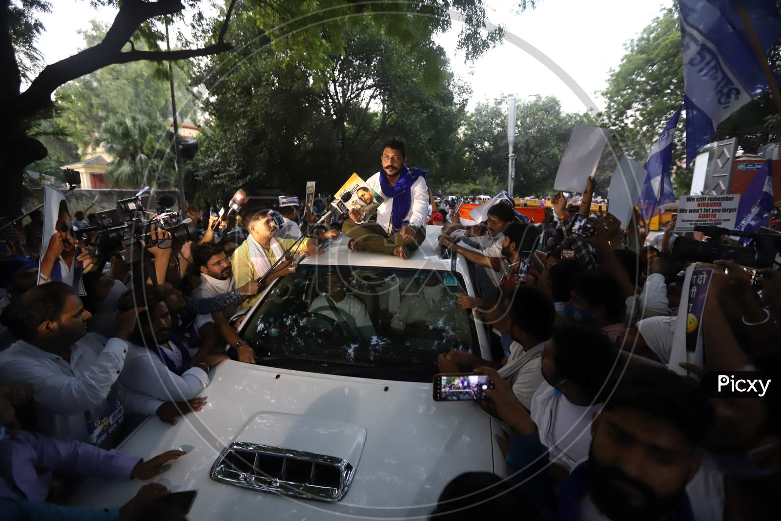 Bhim Army chief Chandrashekhar Azad addresses protesters at the citizens' protest to demand justice for Hathras Dalit victim, at Jantar Mantar, on October 2, 2020 in New Delhi, India.