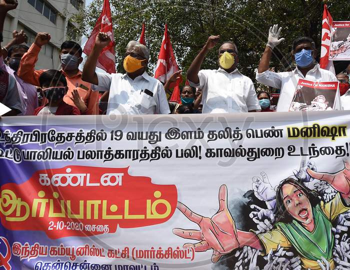 Communist Party of India (Marxist) activists stage a protest against the death of a 19-year-old woman in Hathras, in Chennai, Friday, Oct. 2,Communist Party of India (Marxist) activists stage a protest against the death of a 19-year-old woman in Hathras, in Chennai, Friday, Oct. 2,
