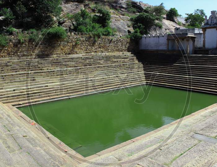 A Beautiful view of a Ancient Water pond built in 1550s C.E.used for Bathing at Melukote religious town near Mysuru in Karnataka/India.
