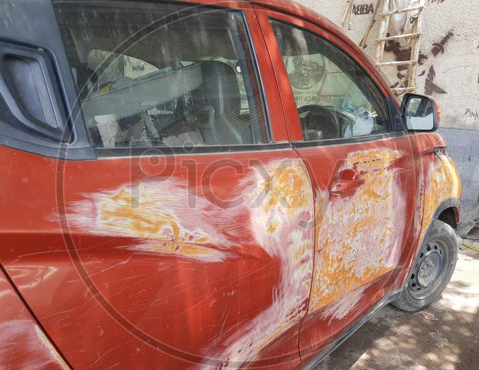Damaged Car, Scratches On The Doors Deep Damage To The Paint