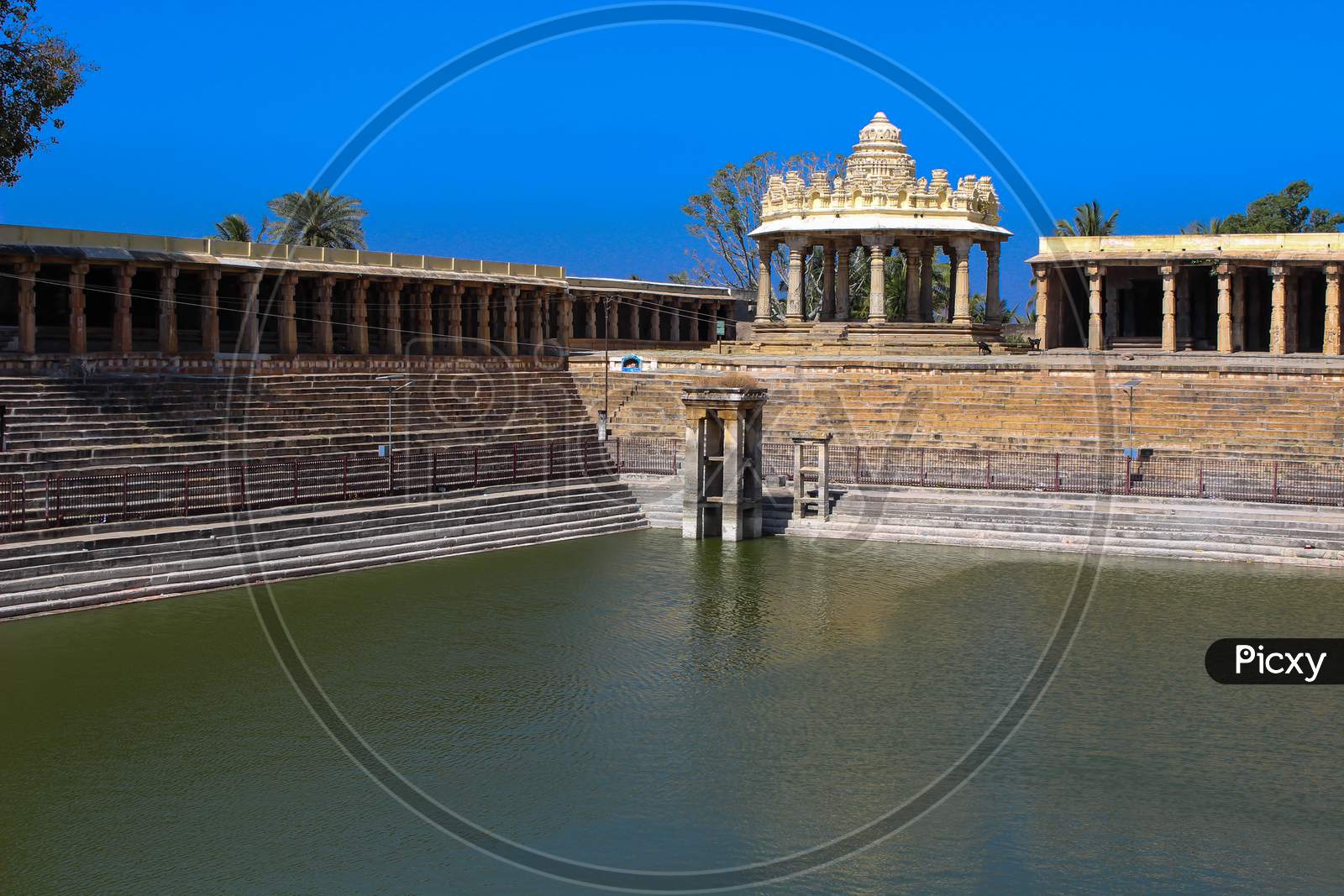 A Divine view of a Ancient Water Pond Known as Kalyani built in 1550s C.E. at Melukote religious town near Mysuru in Karnataka/India.