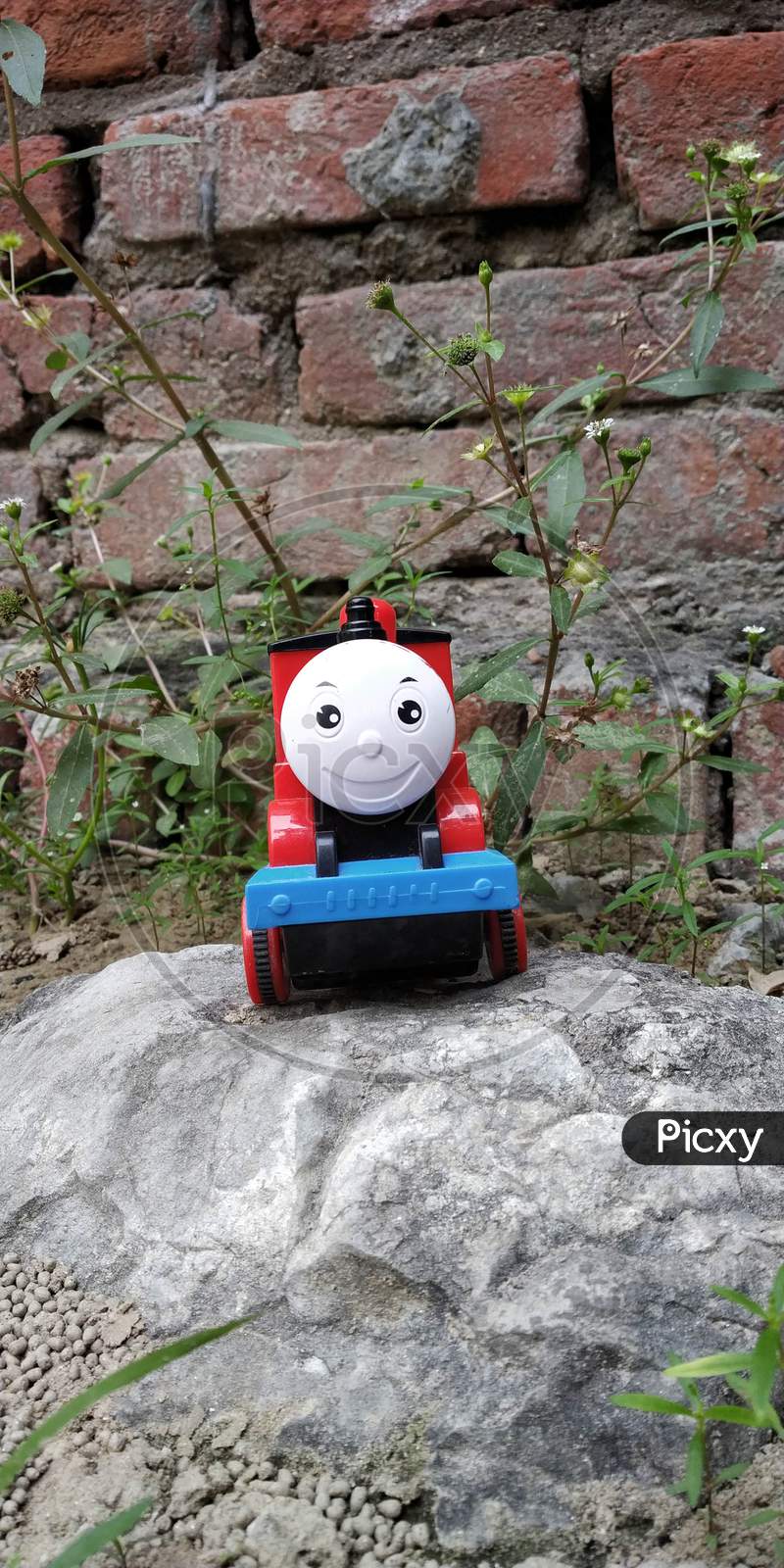 Toy train on a small rock