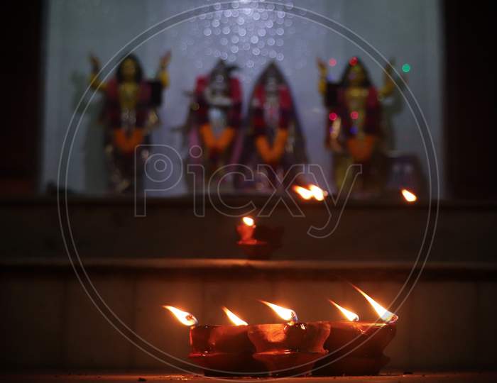 Close Up Candle Lit Lit During Diwali Festival.