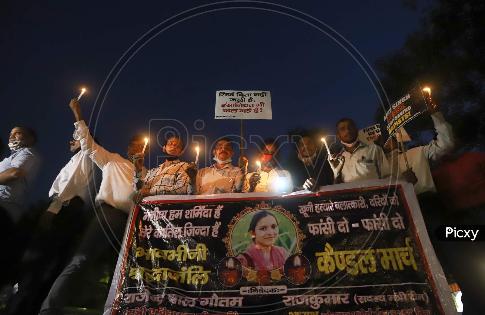 Members of various political bodies protest demanding justice for Hathras gang-rape victim, at Jantar Mantar, on October 2, 2020 in New Delhi, India.