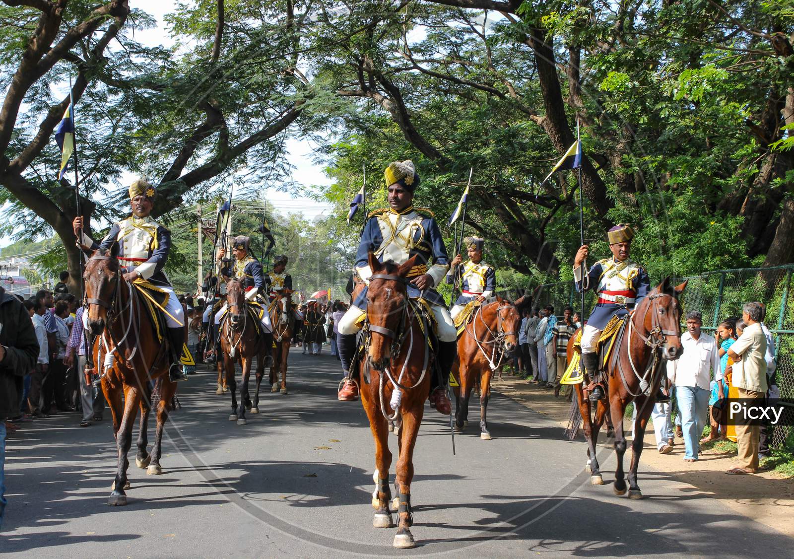 A Classic Picture of Royal Horsemen on a Procession with their Horses during a Religious ritual at Mysuru Cityscape of Karnataka/India.