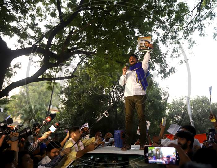 Bhim Army chief Chandrashekhar Azad addresses protesters at the citizens' protest to demand justice for Hathras Dalit victim, at Jantar Mantar, on October 2, 2020 in New Delhi, India.