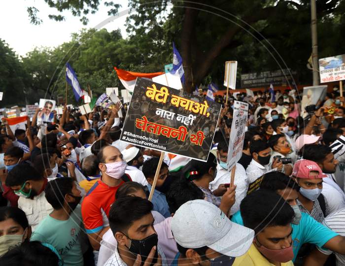 Members of various political bodies protest at the Citizen's protest to demand justice for Hathras victim, at Jantar Mantar, on October 2, 2020 in New Delhi, India.