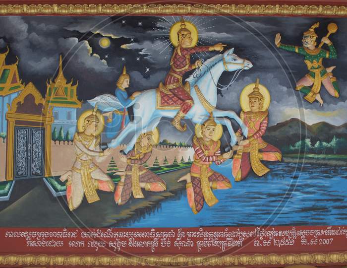 Beautiful Cambodian Mural Painting About Buddha Story