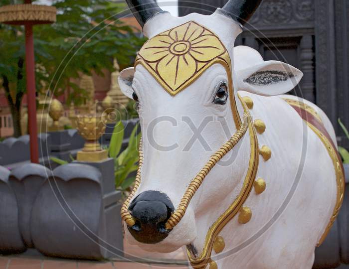 White Cow Staute At Wat Preah Prom Rath In Siem Reap