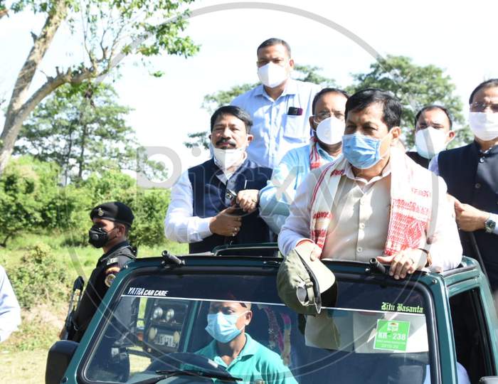 Assam Chief Minister Sarbananda Sonowal being taken on jeep safari at Kohora Range of Kaziranga National Park in Golaghat district of Assam on Oct 21,2020.