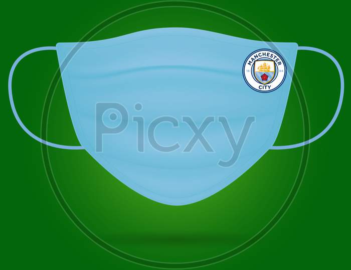 Surgical Face Mask With Manchester City Football Club Logo In Covid-19, Wear Mask & Stay Safe, New Normal- Corona Virus Pandemic.