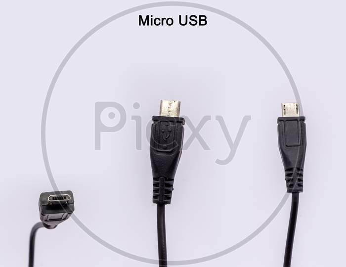 Micro Usb Cable From Different Angles Isolated Against White Background.