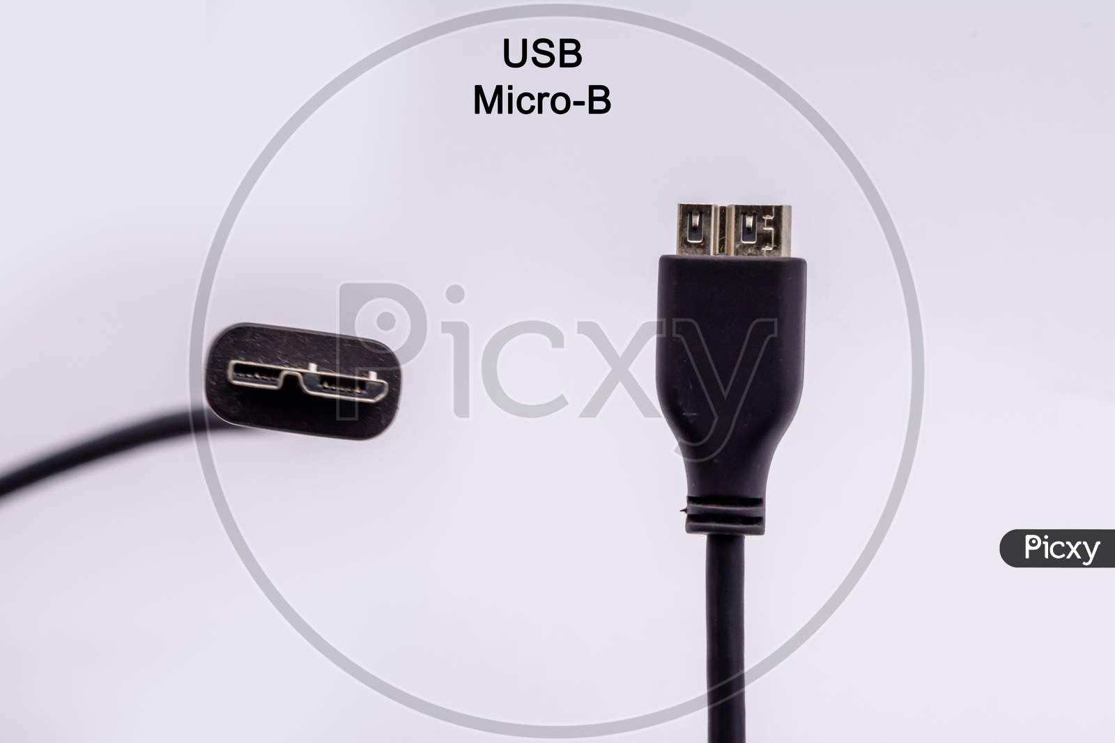 Micro Usb Type B Cable From Different Angles Isolated Against White Background. External Hard Disk Connector Cable