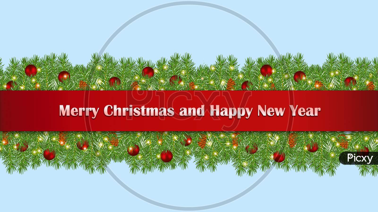 Merry Christmas and Happy New Year wishing card with fir branches, balls and decorating lights.