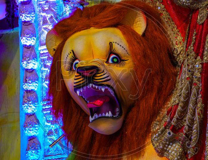 Hindu Festival Maha Durgotsab Picture. The Face Of Lion. It Is A Sculpture Made By The Artist With Clay And Straw.