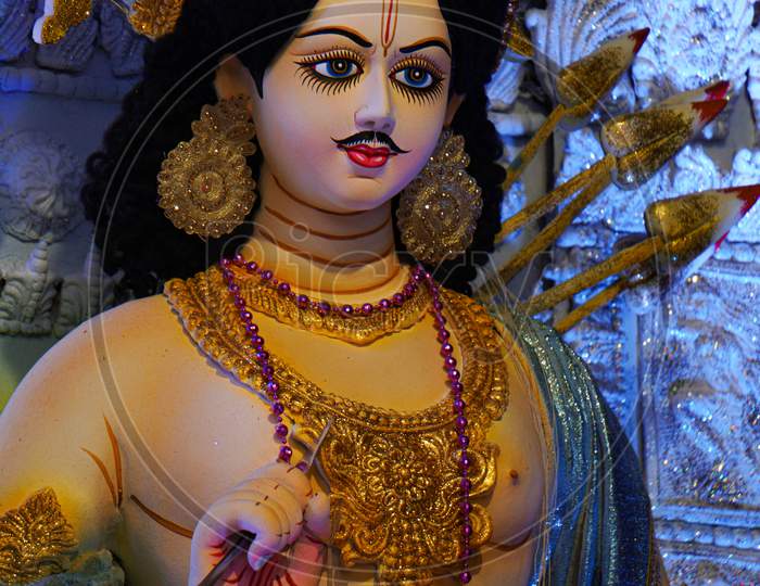 Hindu Festival Durgotsab Picture. The Face Of Goddess Kartik. It Is A Sculpture Made By The Artist With Clay And Straw.