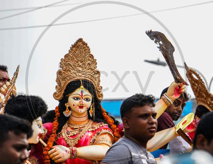 Image Of The Great Fort Festival Of Hinduism. Image Of Goddess Durga Davi. It Is A Sculpture Made By The Artist. The Goddess Is Taken Away For Abandonment.