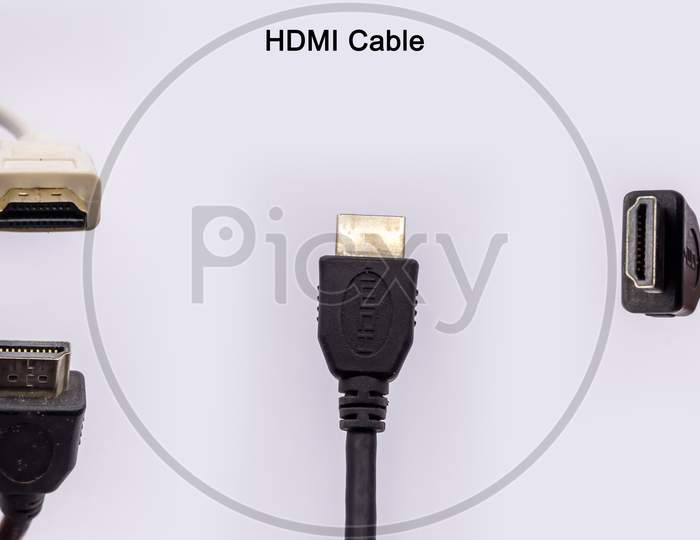 Hdmi Cable From Different Angles Isolated Against White Background. Hdmi Cable For Monitor And Tv Audio Video Connection