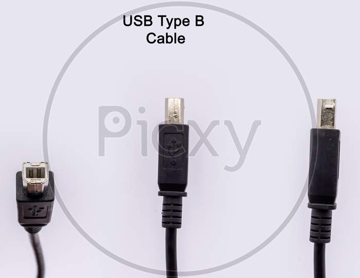 Usb Cable Type B Male Superspeed Usb Adapter Connector Wire Plug For Printer, Scanner, - Black. Isolated On White Background