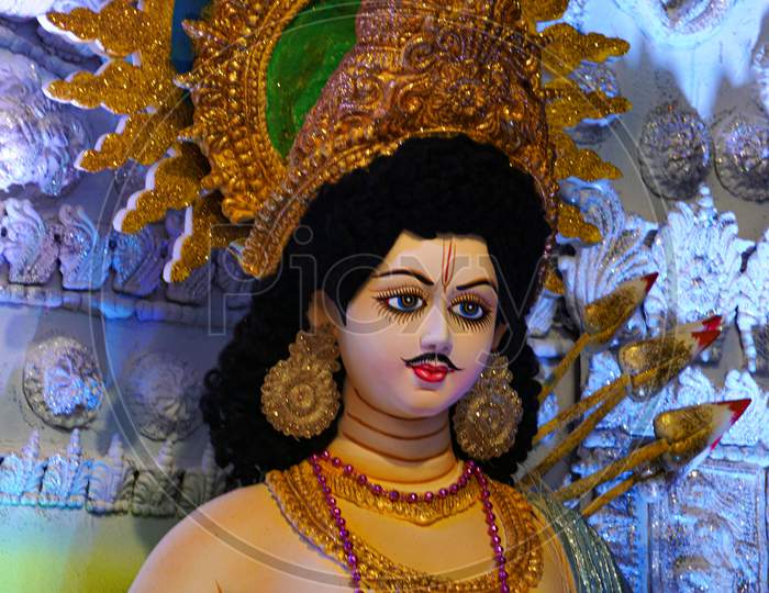 Hindu Festival Durgotsab Picture. The Face Of Goddess Kartik. It Is A Sculpture Made By The Artist With Clay And Straw.