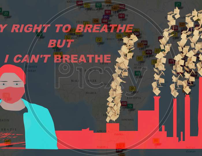 Illustration Of Factory Air Pollution With A Mask For Humans To Protect Own Self.