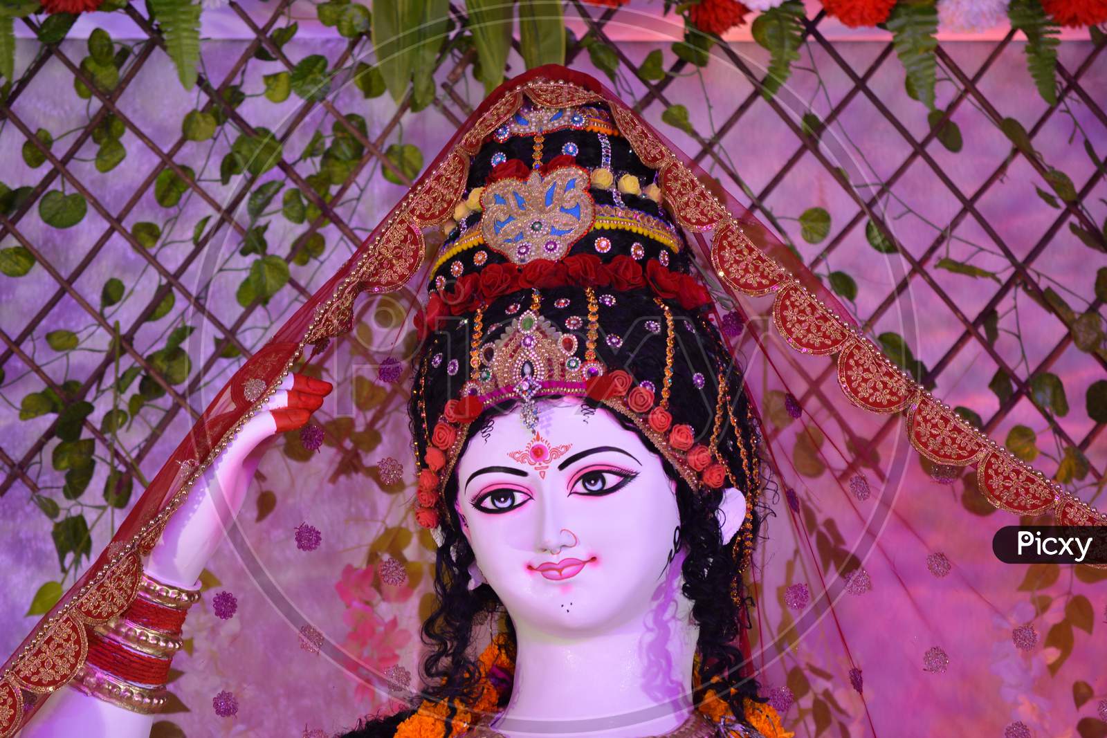 Image of Closeup of face of Goddess Durga, Idol of goddess Durga ...