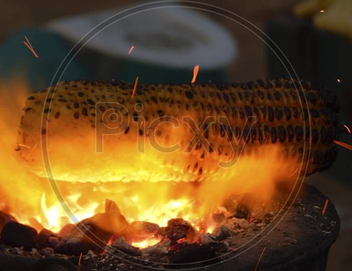 Corn Roasting In Charcoal Grill