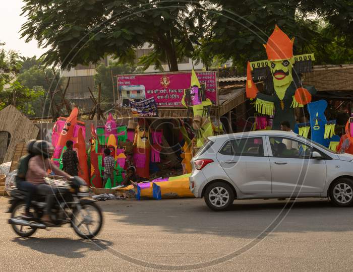 People buying Ravana effigies for Ravan Dahan before Dussehra at Ravan Mandi, Jaipur, Oct 23, 2020