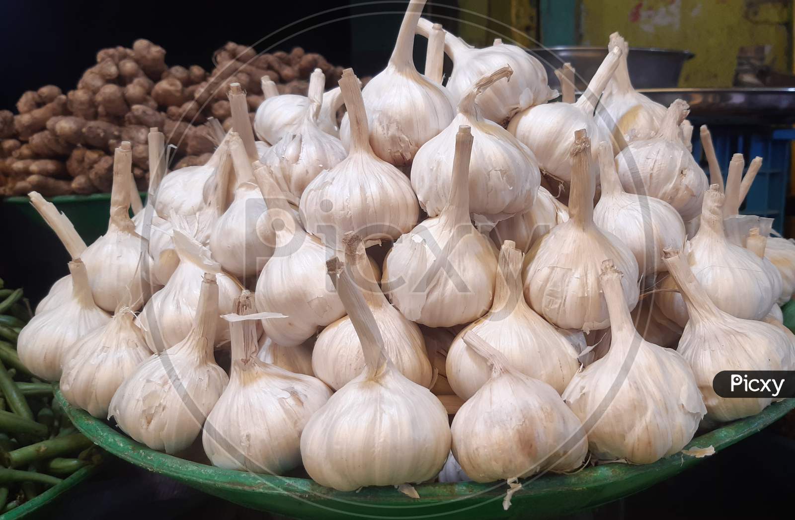 Garlics in a green tray