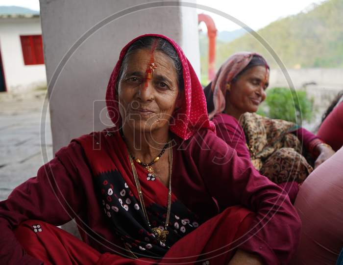 Almora, India - September 06, 2020: Portrait Of A Village Woman, Wearing Traditional Clothes.