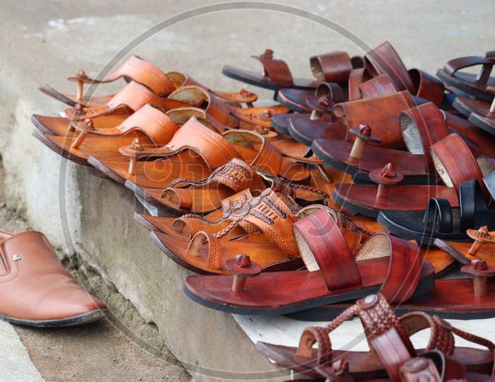 Chennai , Tamil Nadu, India. Oct 23, 2020 .Attractive Leather Sandals Of Beautiful Workmanship Decorated At The Retail Shop For The Upcoming Festivities