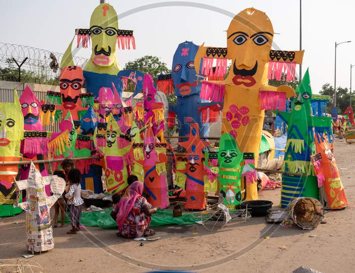 Ravana effigies being made for Ravan Dahan before Dussehra at Ravan Mandi, Jaipur, Oct 23, 2020