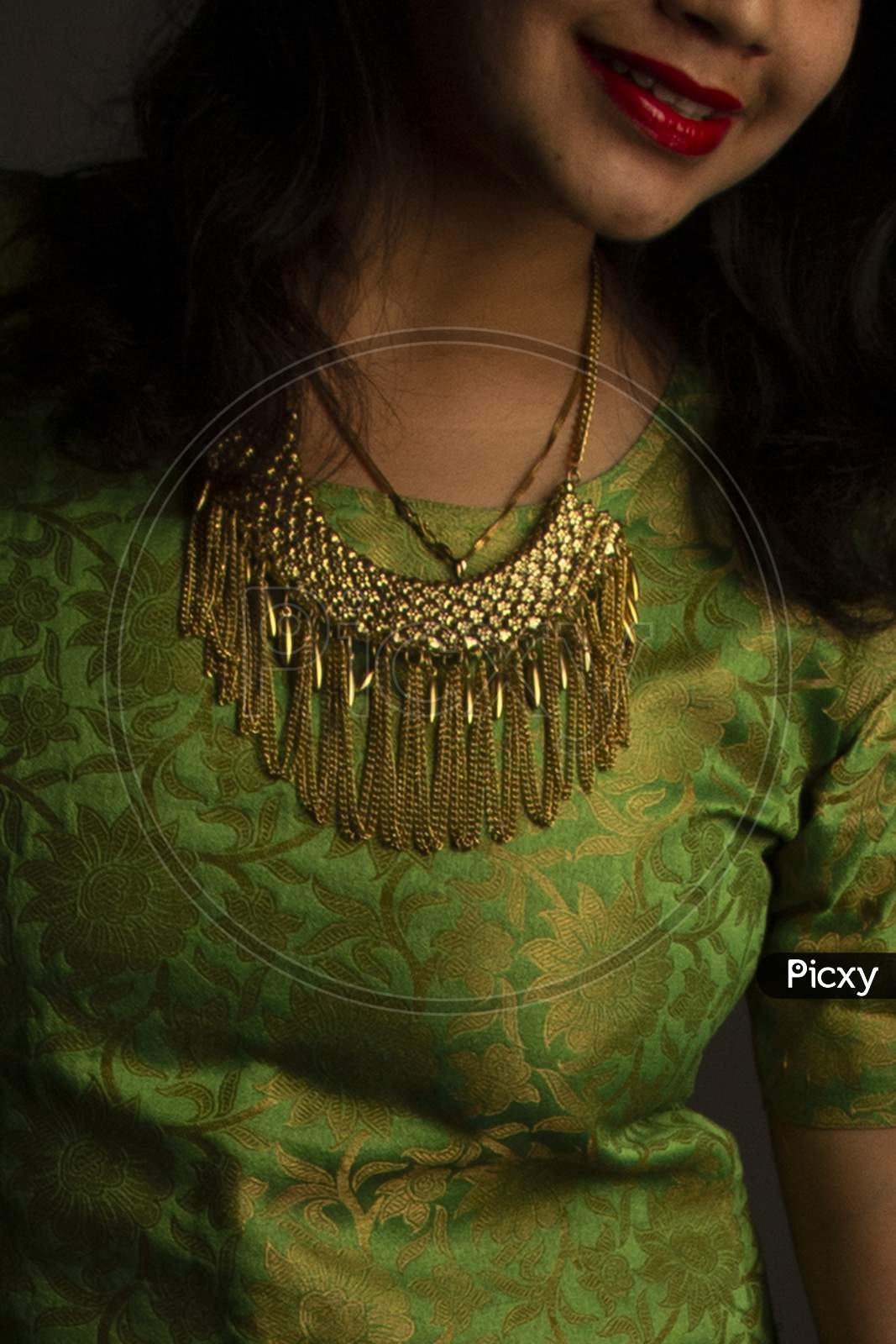 Indian Bridal Showing Wedding Necklace Jewelry Stock Photo