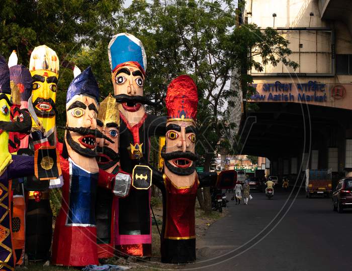 Ravana effigies being made for Ravan Dahan before Dussehra at Atish Market, Jaipur, Oct 23, 2020