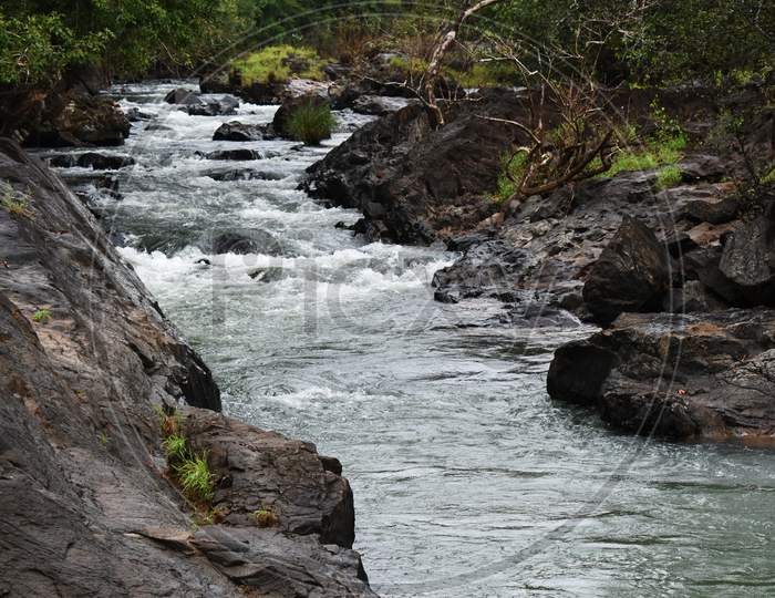 Water flowing between the rocks in the forest